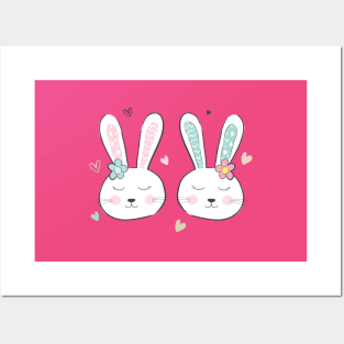 Cute Easter Bunnies with Hearts. Easter Day Funny Art Posters and Art